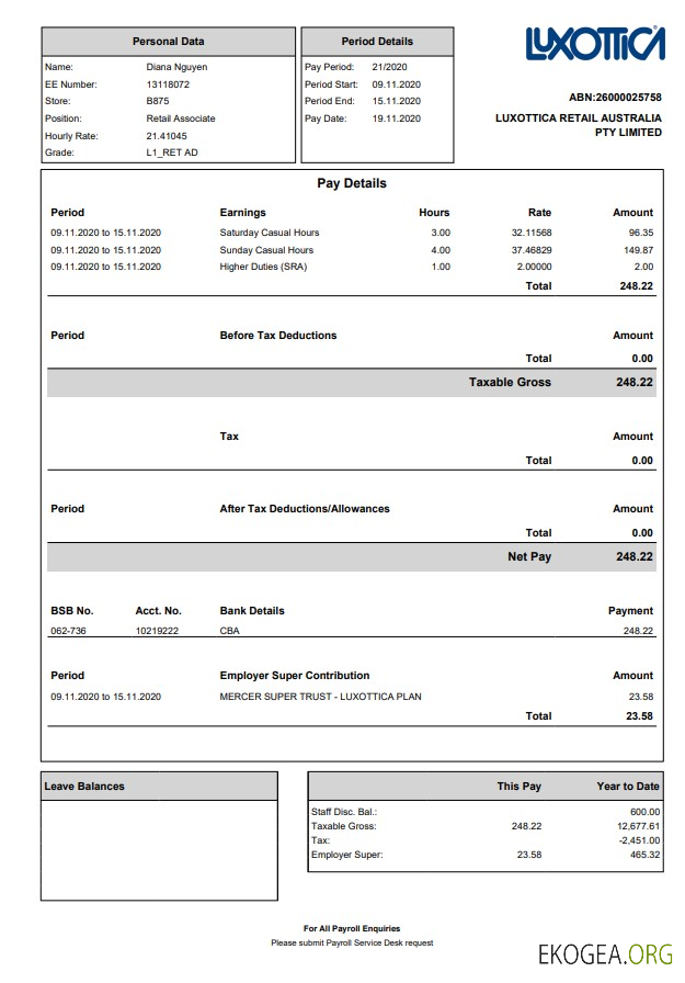 Fiche de paie du détaillant Luxottica